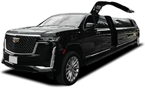  Long black stretch limo with door open, angled for impact.