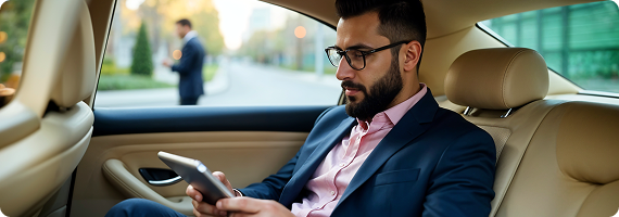 Businessman in a navy blue suit using a smartphone while seated in the backseat of a beige-leather interior car, with another man visible in the background