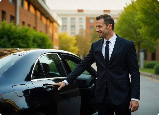 A chauffeur in a suit opens the car door on a quiet city street, ready to greet passengers with luxury service.