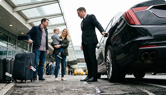 A professional chauffeur in a suit holds open the door of a black luxury car for a travelling family. A father, mother holding a toddler, and their luggage stand on the pavement outside an airport terminal.