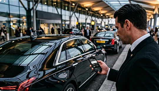 A chauffeur in a black suit looks down at his smartphone while standing next to a black luxury sedan. The car is parked in a pickup lane outside a busy, modern airport terminal building with other vehicles lined up.