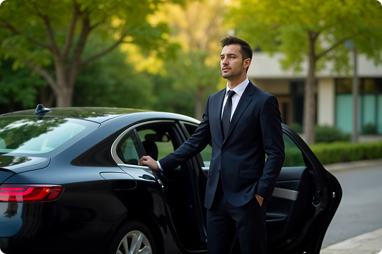 A man in a sharp navy suit confidently standing by an open black sedan, surrounded by lush greenery and soft daylight.