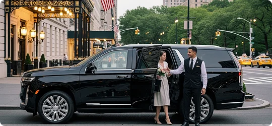 Chauffeur assisting a guest at The Plaza Hotel with a Cadillac Escalade
