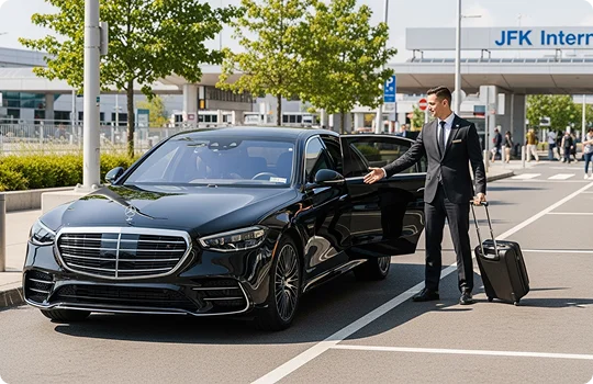 Chauffeur with black Mercedes sedan at JFK Airport arrival zone