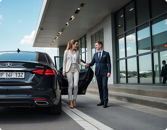Chauffeur in a suit greeting a smiling woman in professional attire as she exits a luxury black Mercedes outside a modern airport terminal.