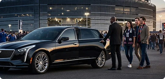 A chauffeur in a suit opens the door of a black luxury sedan for three people dressed in sports fan apparel outside a stadium.