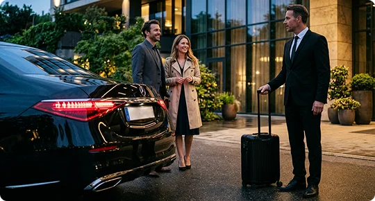 A chauffeur in a black suit holds a black rolling suitcase next to the open trunk of a luxury black sedan. A smiling man and woman stand nearby outside a modern hotel or building entrance in the evening.