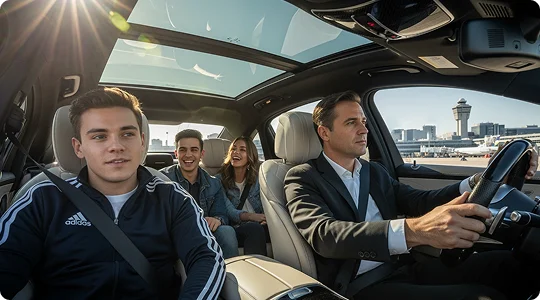 Interior view of a luxury car with a panoramic sunroof, featuring a professional driver and three smiling passengers during a sunny day.