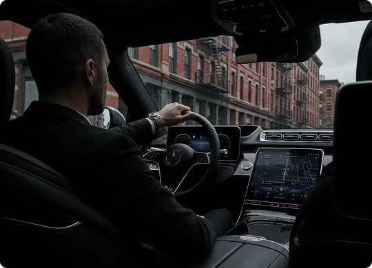 Interior view from the back seat showing a male driver in a suit behind the wheel of a luxury vehicle. The car's digital navigation display is lit as the vehicle passes classic red-brick townhouses along a city street.