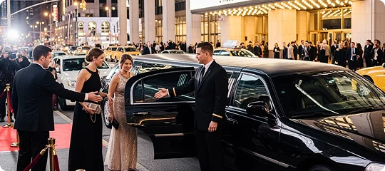 A chauffeur opens the limo door for elegantly dressed guests on a glamorous red carpet evening.