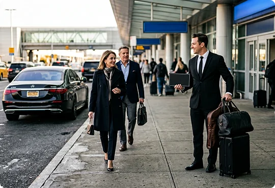 A chauffeur in a black suit holds a tablet and manages luggage while greeting a smiling man and woman on an airport sidewalk. A black luxury sedan is parked at the curb in the background outside the busy terminal entrance.