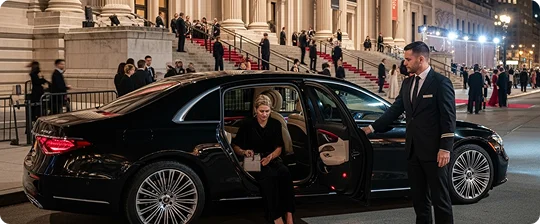 A suited chauffeur greets a woman stepping out of a black luxury car outside an upscale venue.