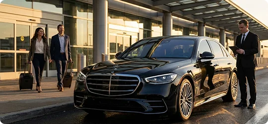 A black Mercedes-Benz sits parked at an airport terminal while a chauffeur waits for a man and woman walking toward the car with luggage.
