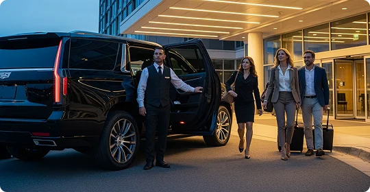 A chauffeur in a vest stands by an open black SUV as three professionals with luggage walk toward the vehicle from a modern building entrance.