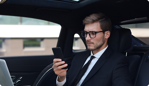 Young businessman in glasses focused on his smartphone inside a high-end vehicle, with a laptop resting beside him.