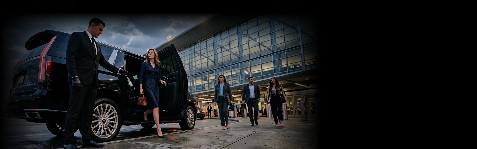 A gloved chauffeur holding open the door of a black luxury SUV for an elegant woman stepping out. The scene is set outside a modern airport terminal building at dusk.